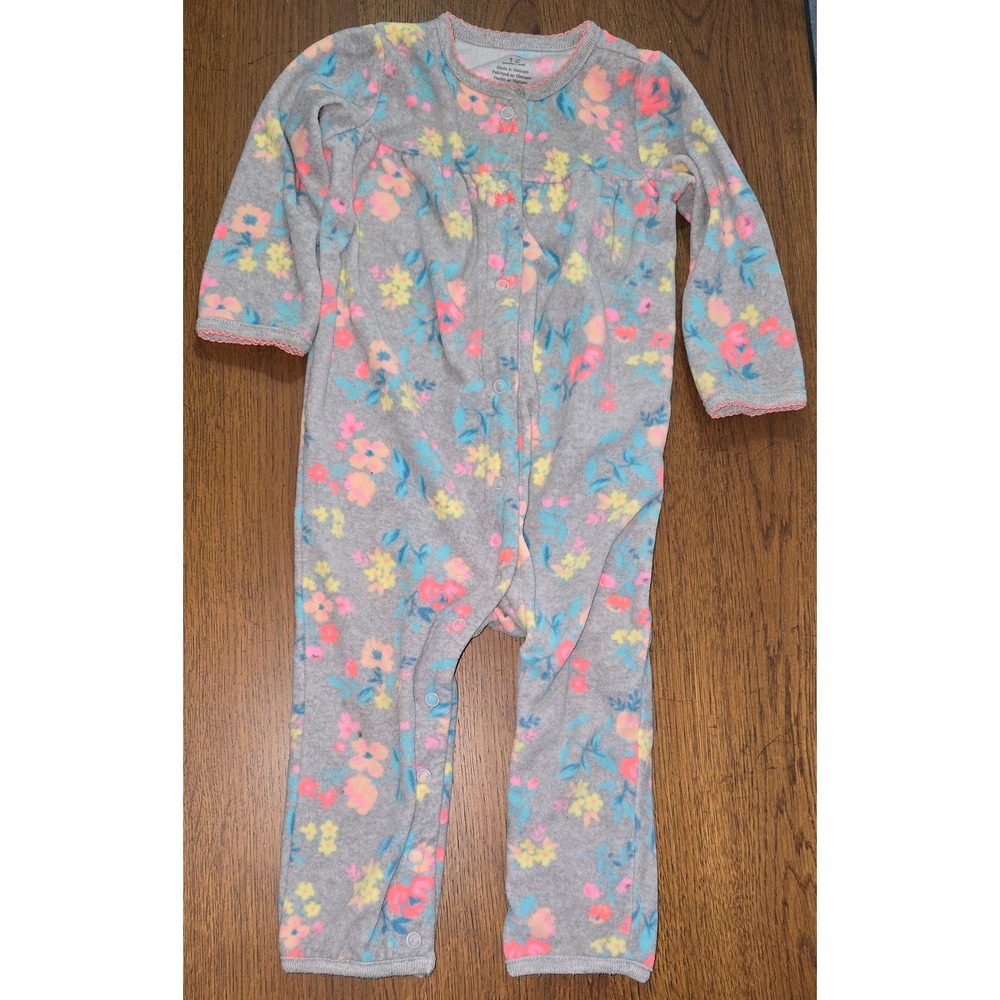 Carters Baby Girl 12M Fleece Floral Snap Up Sleep Play Suit Grey Neon Floral